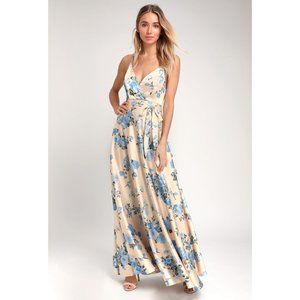 Lulus | Overjoyed Champagne Satin Floral Print Maxi Dress